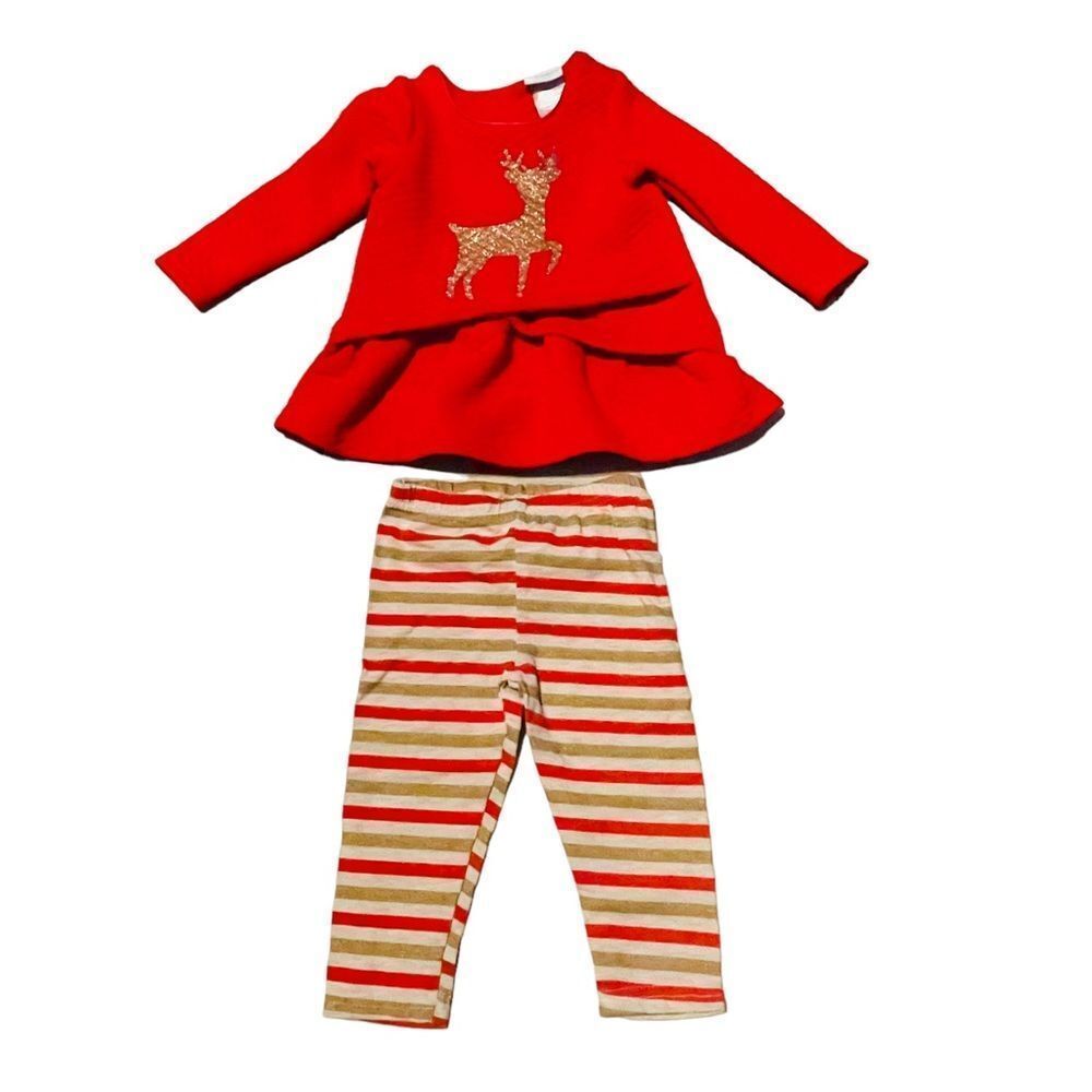 10/$25🦋 Nanette Baby Red & Gold Sparkle Reindeer Holiday Outfit - 12M